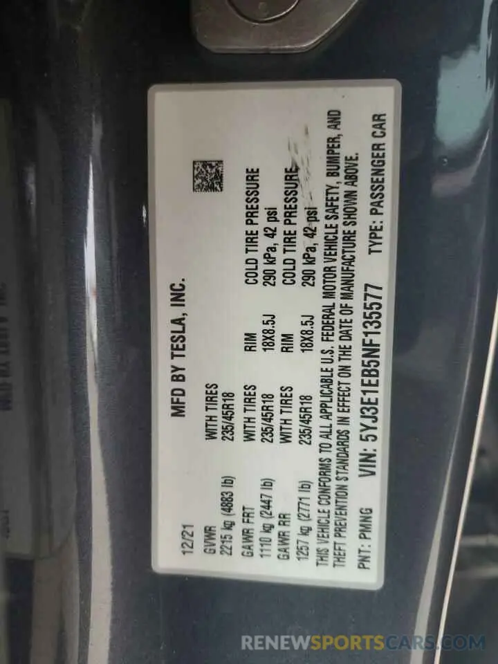 13 Фотография поврежденного автомобиля 5YJ3E1EB5NF135577 TESLA MODEL 3 2022