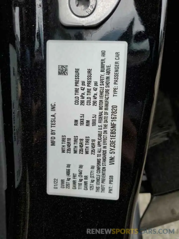12 Фотография поврежденного автомобиля 5YJ3E1EB5NF167820 TESLA MODEL 3 2022
