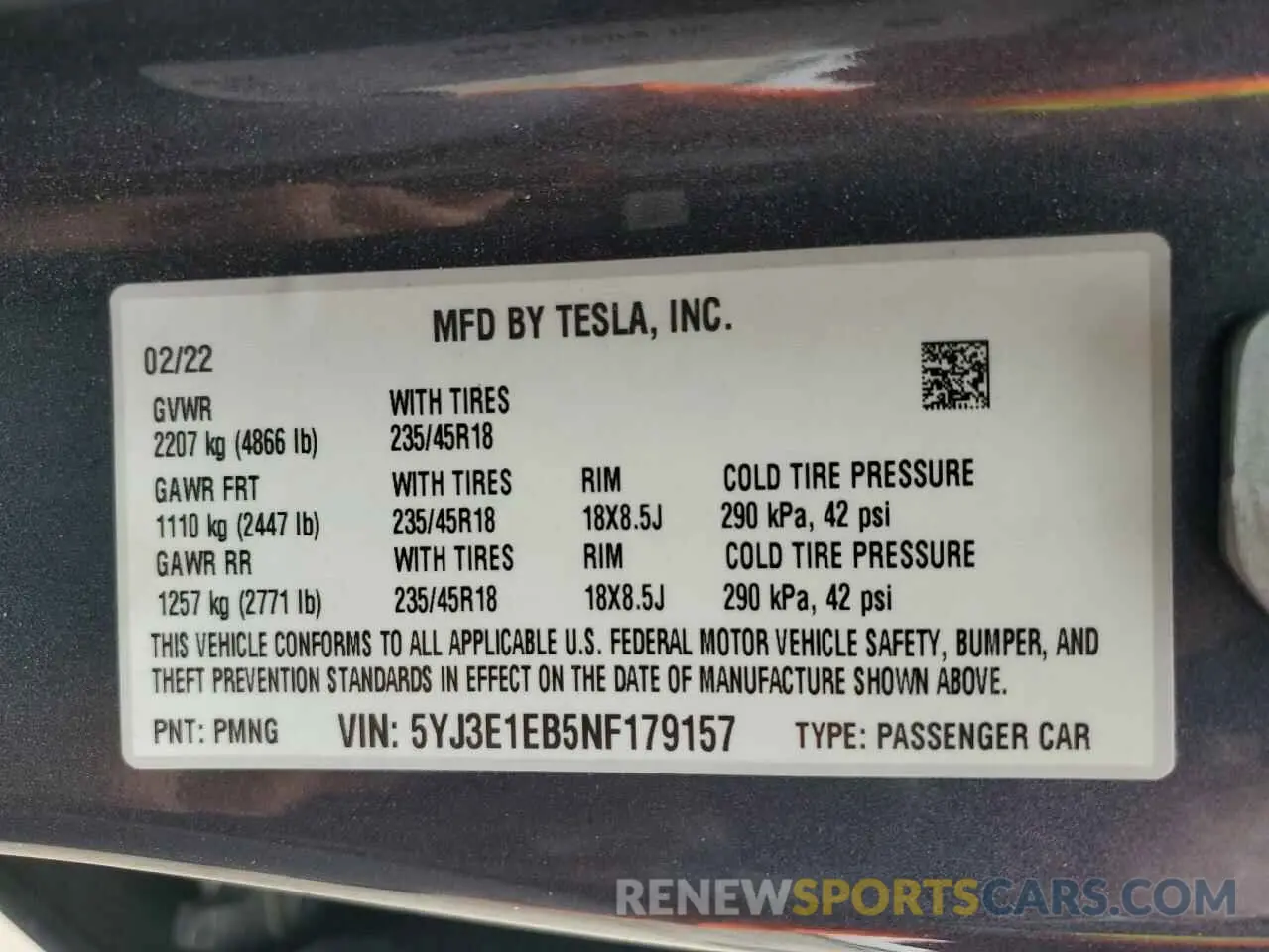 12 Фотография поврежденного автомобиля 5YJ3E1EB5NF179157 TESLA MODEL 3 2022