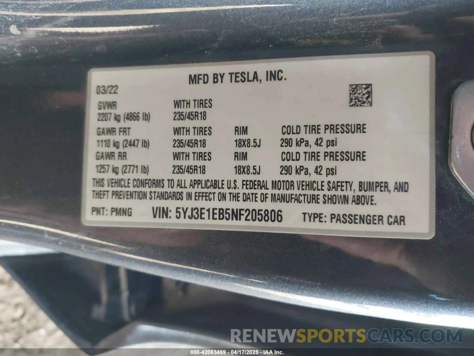 9 Фотография поврежденного автомобиля 5YJ3E1EB5NF205806 TESLA MODEL 3 2022