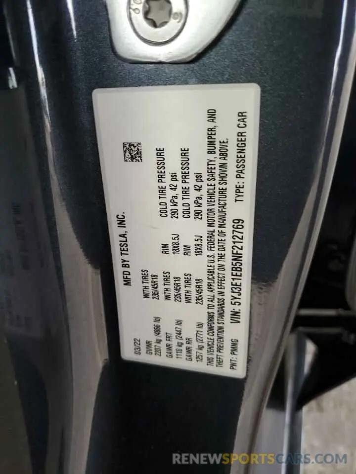 15 Photograph of a damaged car 5YJ3E1EB5NF212769 TESLA MODEL 3 2022