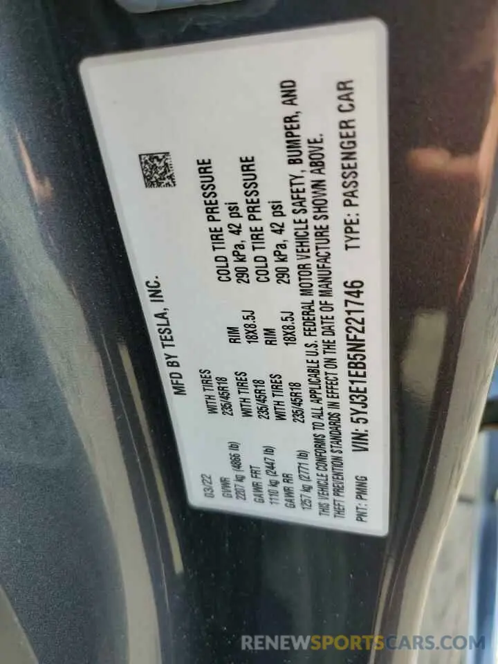 13 Photograph of a damaged car 5YJ3E1EB5NF221746 TESLA MODEL 3 2022