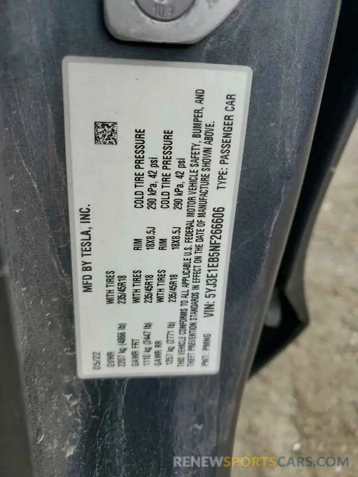 13 Фотография поврежденного автомобиля 5YJ3E1EB5NF266606 TESLA MODEL 3 2022