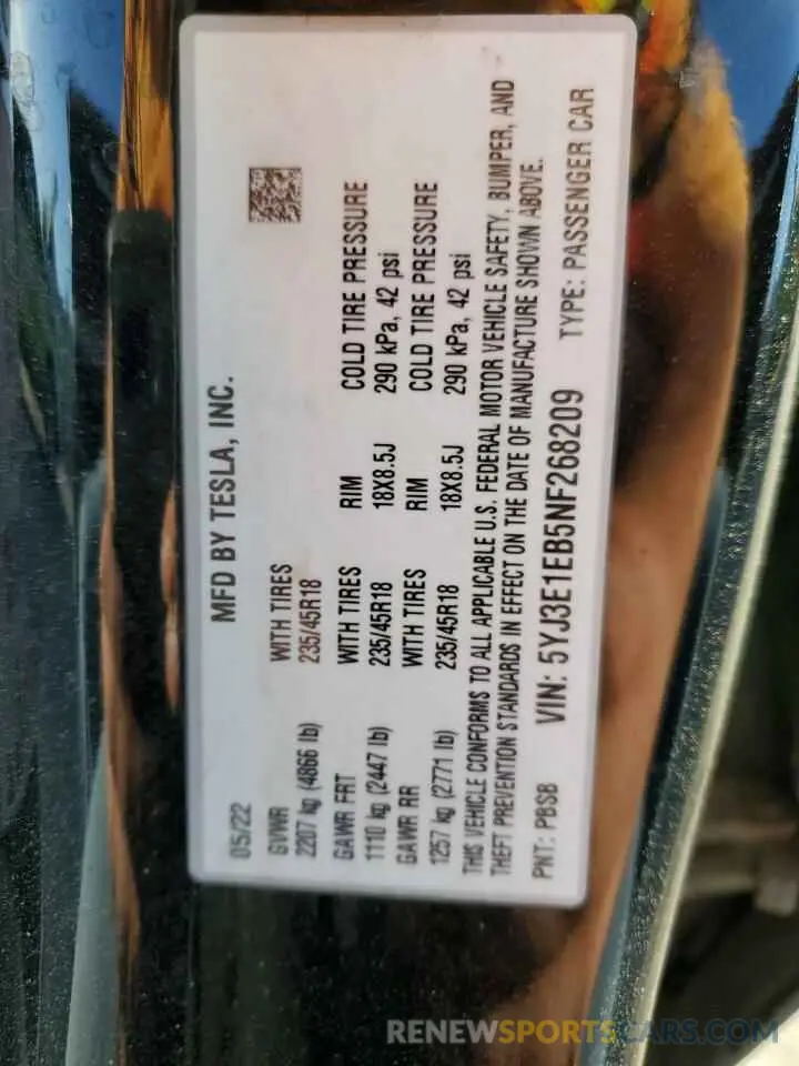 12 Photograph of a damaged car 5YJ3E1EB5NF268209 TESLA MODEL 3 2022
