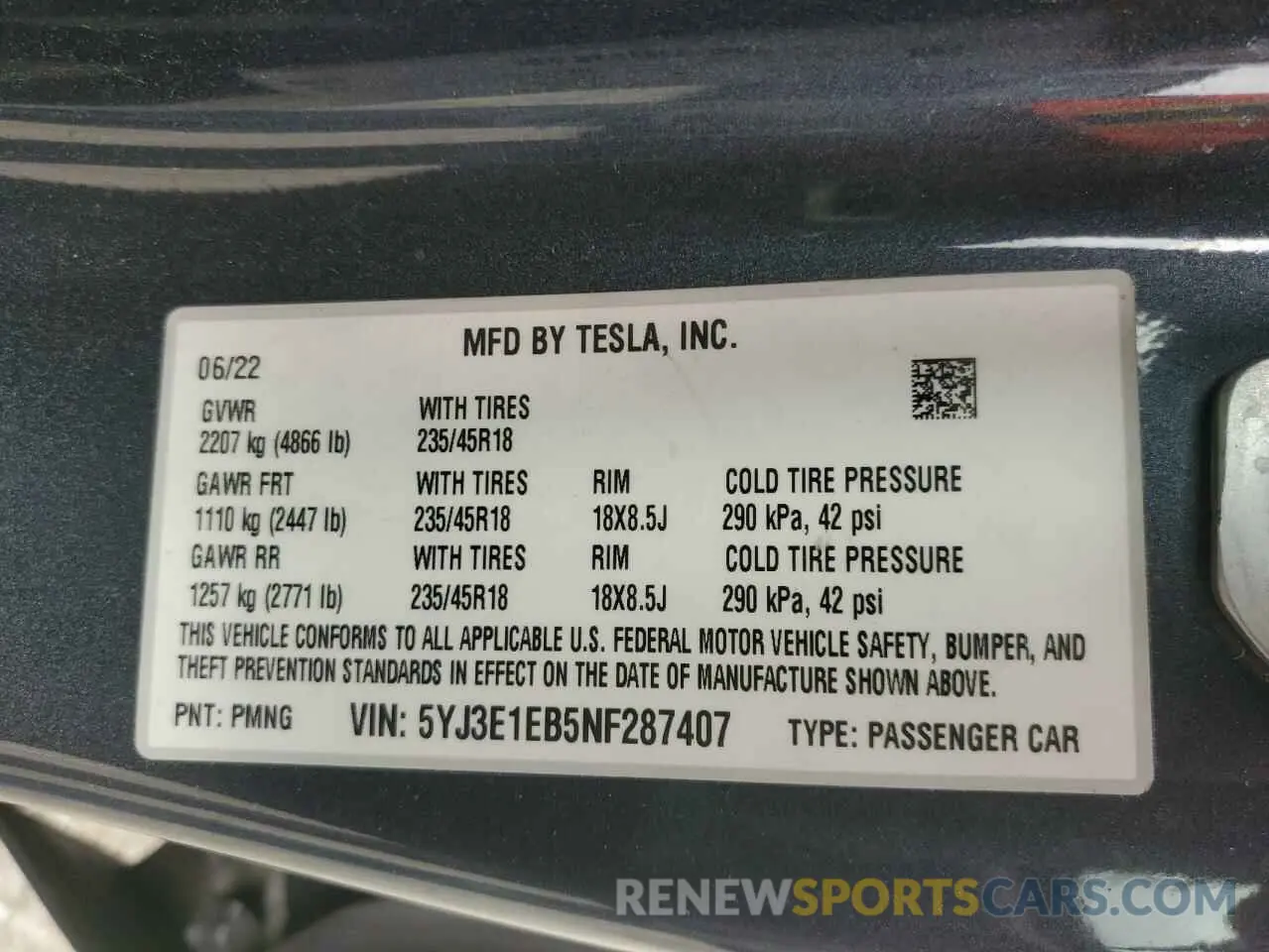 12 Фотография поврежденного автомобиля 5YJ3E1EB5NF287407 TESLA MODEL 3 2022