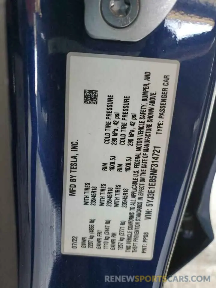 13 Фотография поврежденного автомобиля 5YJ3E1EB5NF314721 TESLA MODEL 3 2022