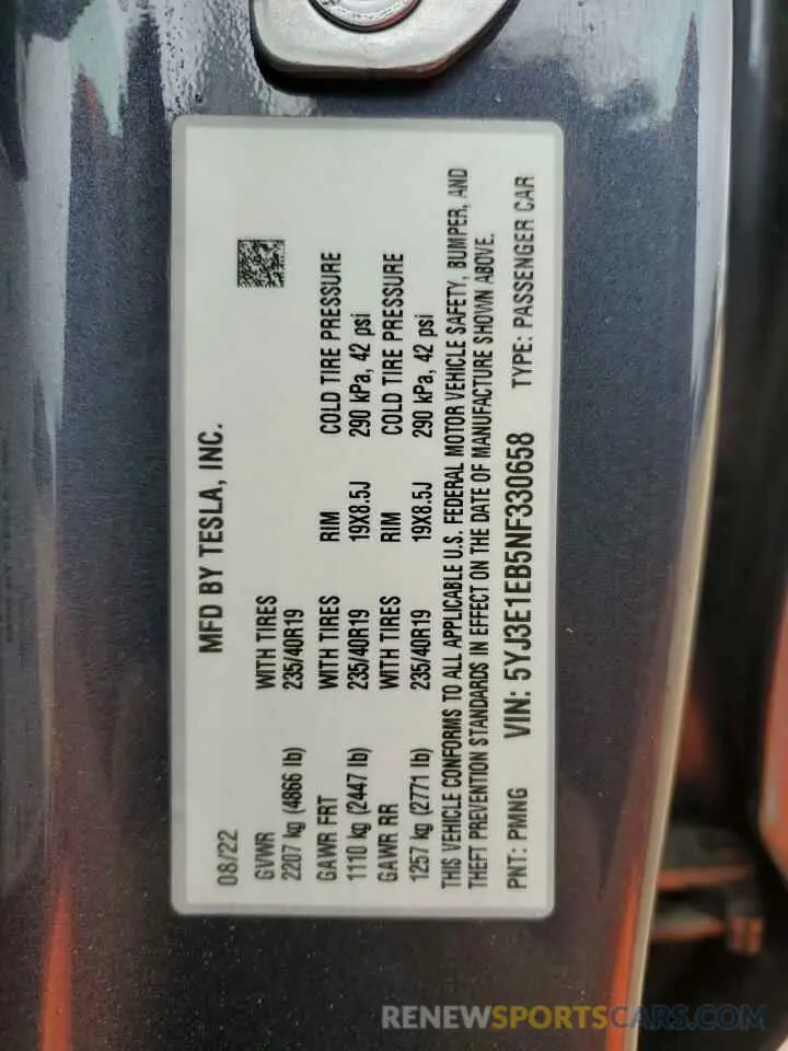 12 Photograph of a damaged car 5YJ3E1EB5NF330658 TESLA MODEL 3 2022