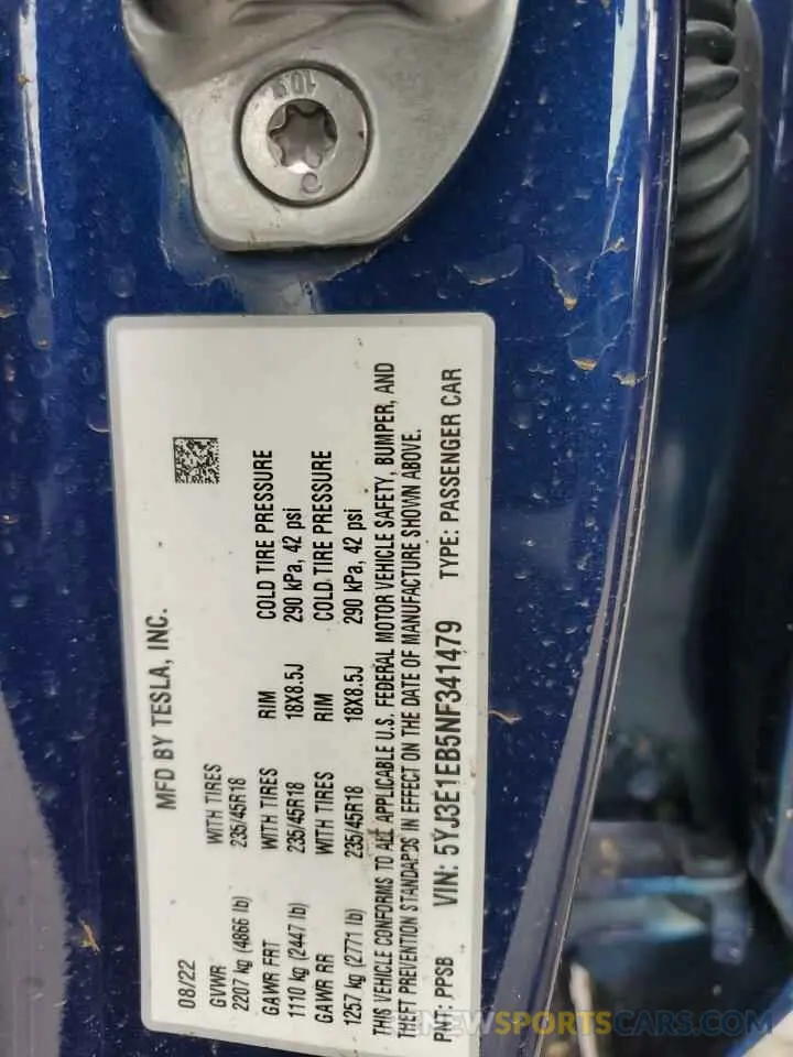12 Фотография поврежденного автомобиля 5YJ3E1EB5NF341479 TESLA MODEL 3 2022