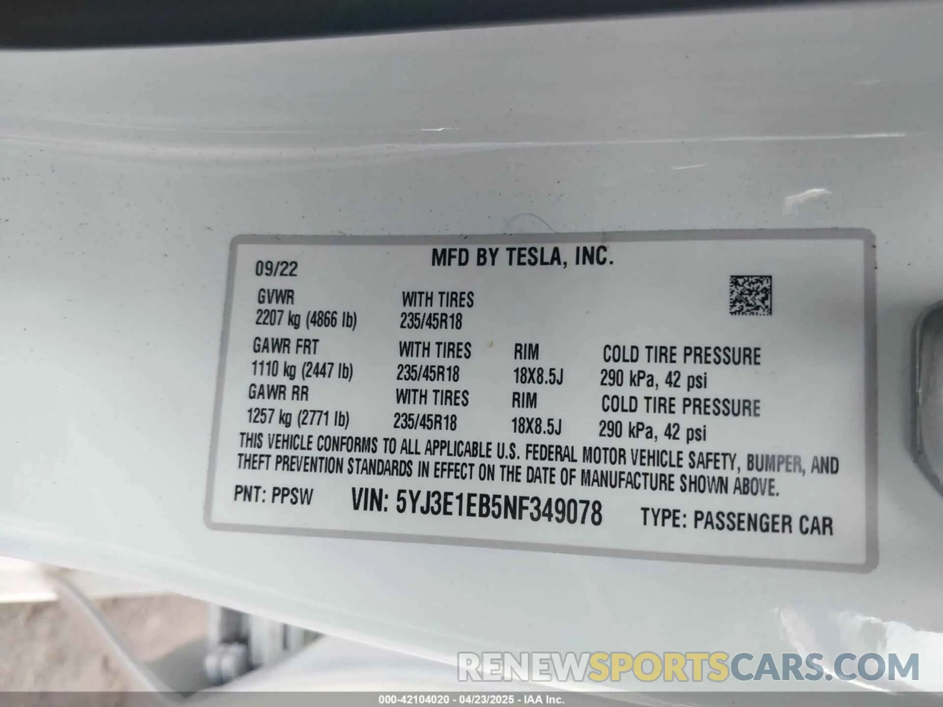 9 Фотография поврежденного автомобиля 5YJ3E1EB5NF349078 TESLA MODEL 3 2022