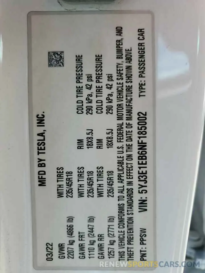 12 Photograph of a damaged car 5YJ3E1EB6NF185002 TESLA MODEL 3 2022