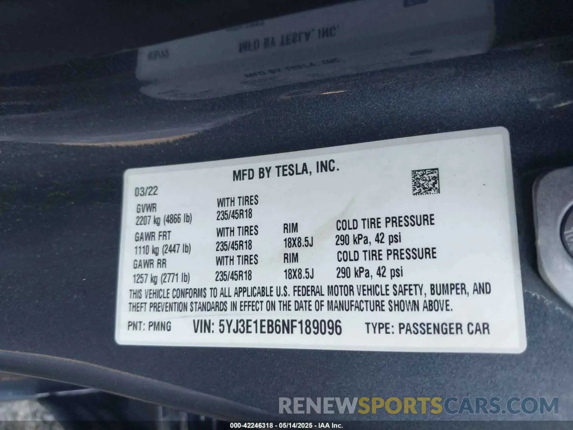 9 Фотография поврежденного автомобиля 5YJ3E1EB6NF189096 TESLA MODEL 3 2022