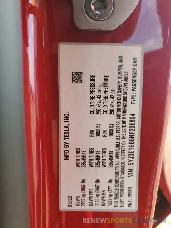 12 Photograph of a damaged car 5YJ3E1EB6NF206804 TESLA MODEL 3 2022