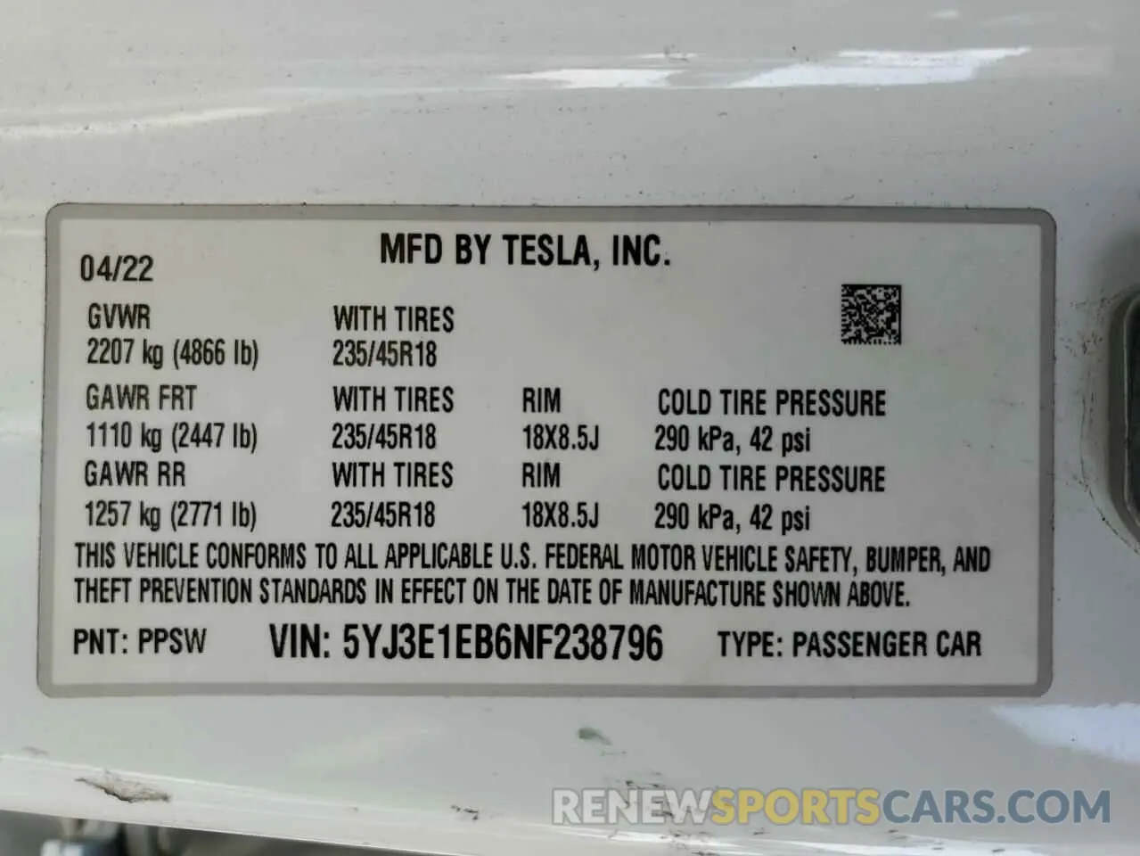 14 Photograph of a damaged car 5YJ3E1EB6NF238796 TESLA MODEL 3 2022