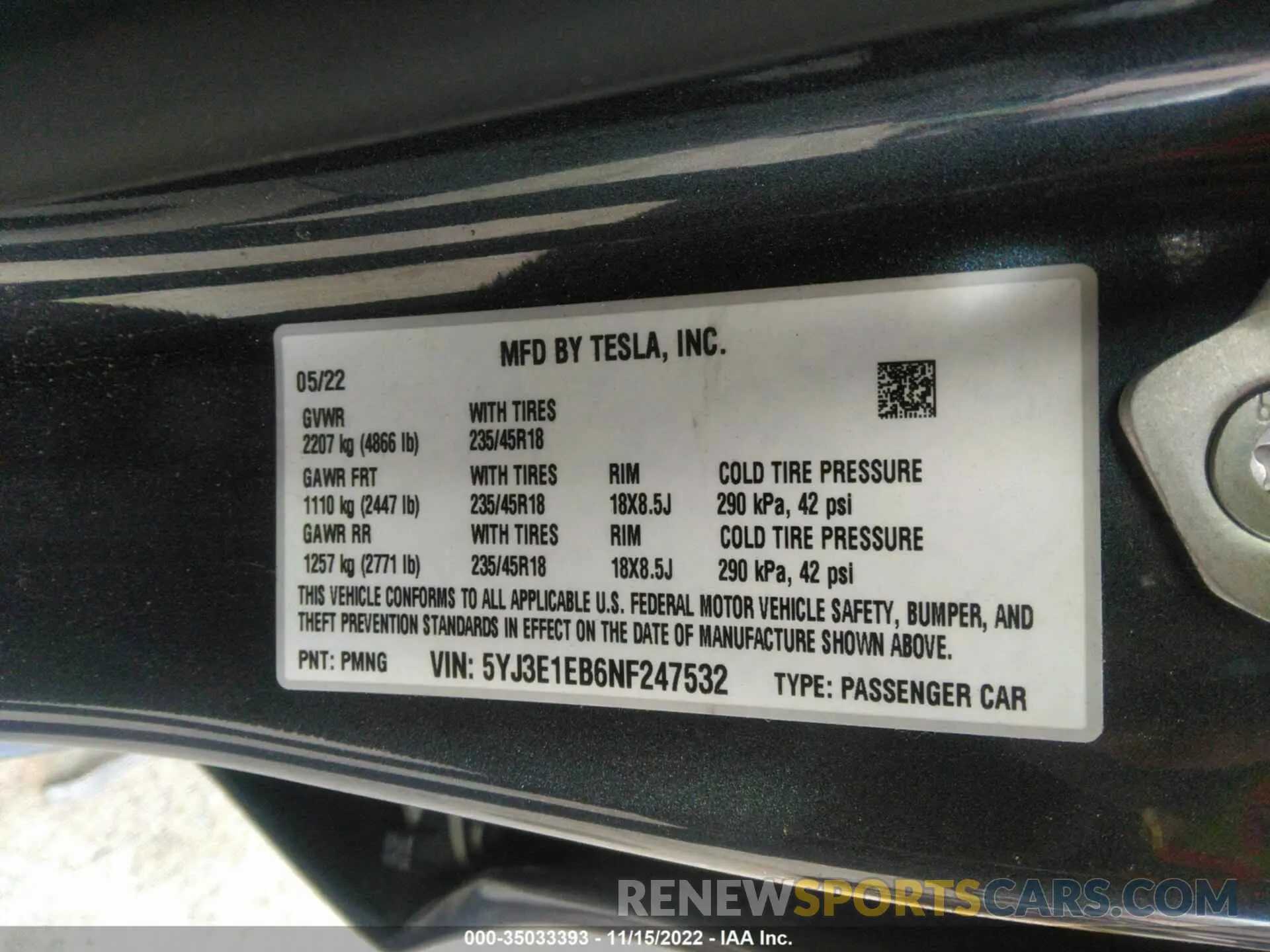 9 Фотография поврежденного автомобиля 5YJ3E1EB6NF247532 TESLA MODEL 3 2022