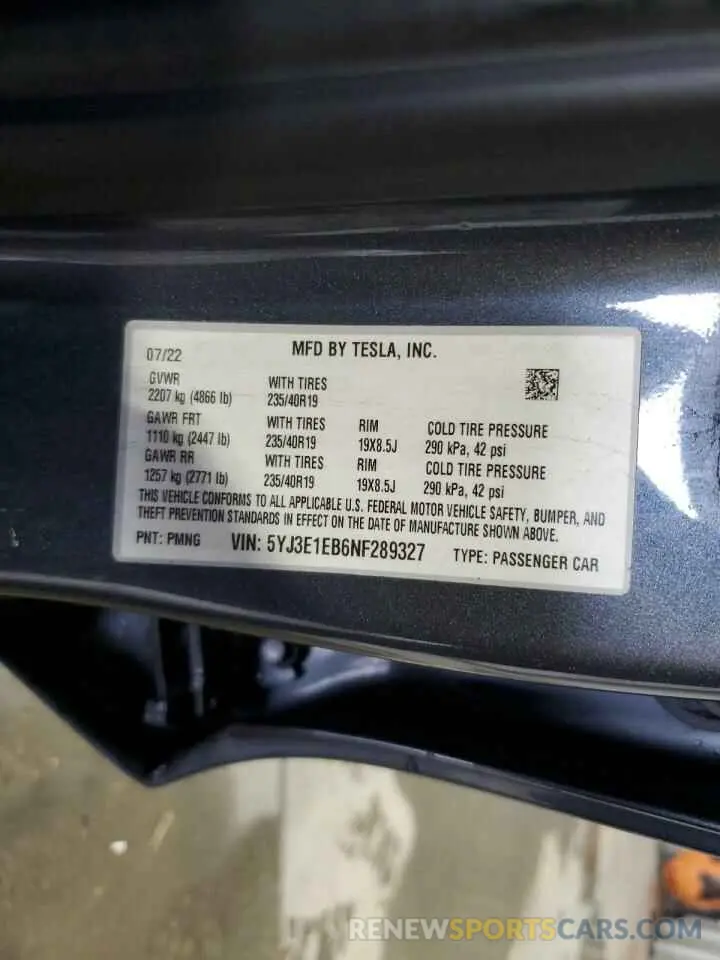 12 Фотография поврежденного автомобиля 5YJ3E1EB6NF289327 TESLA MODEL 3 2022
