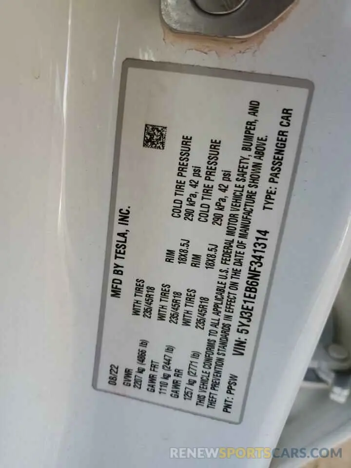 12 Фотография поврежденного автомобиля 5YJ3E1EB6NF341314 TESLA MODEL 3 2022