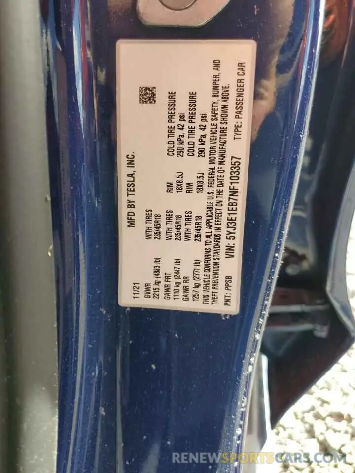 13 Фотография поврежденного автомобиля 5YJ3E1EB7NF103357 TESLA MODEL 3 2022