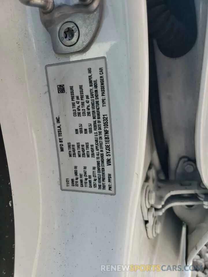 12 Photograph of a damaged car 5YJ3E1EB7NF105321 TESLA MODEL 3 2022