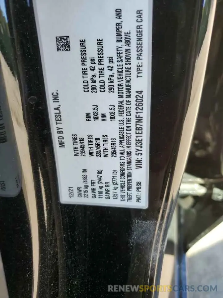 10 Photograph of a damaged car 5YJ3E1EB7NF126024 TESLA MODEL 3 2022