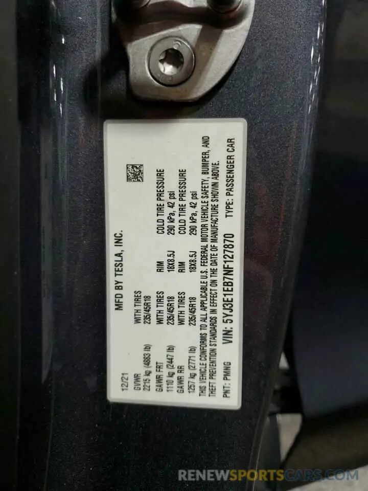 14 Фотография поврежденного автомобиля 5YJ3E1EB7NF127870 TESLA MODEL 3 2022