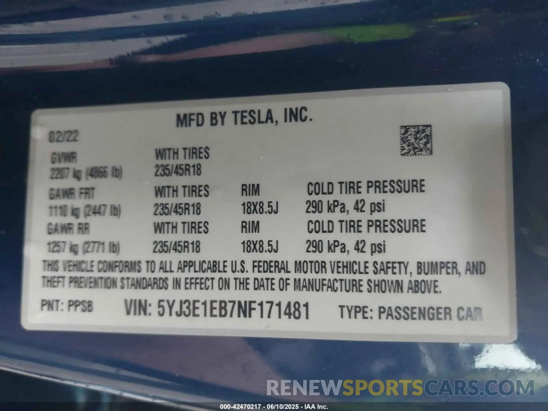 9 Фотография поврежденного автомобиля 5YJ3E1EB7NF171481 TESLA MODEL 3 2022