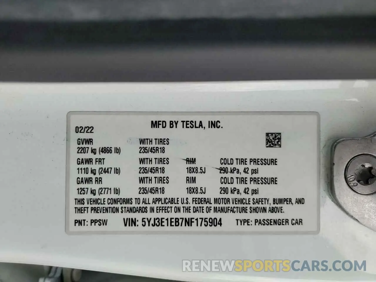 12 Photograph of a damaged car 5YJ3E1EB7NF175904 TESLA MODEL 3 2022