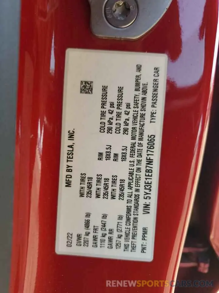 12 Фотография поврежденного автомобиля 5YJ3E1EB7NF176065 TESLA MODEL 3 2022