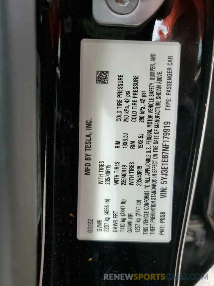 12 Фотография поврежденного автомобиля 5YJ3E1EB7NF179919 TESLA MODEL 3 2022