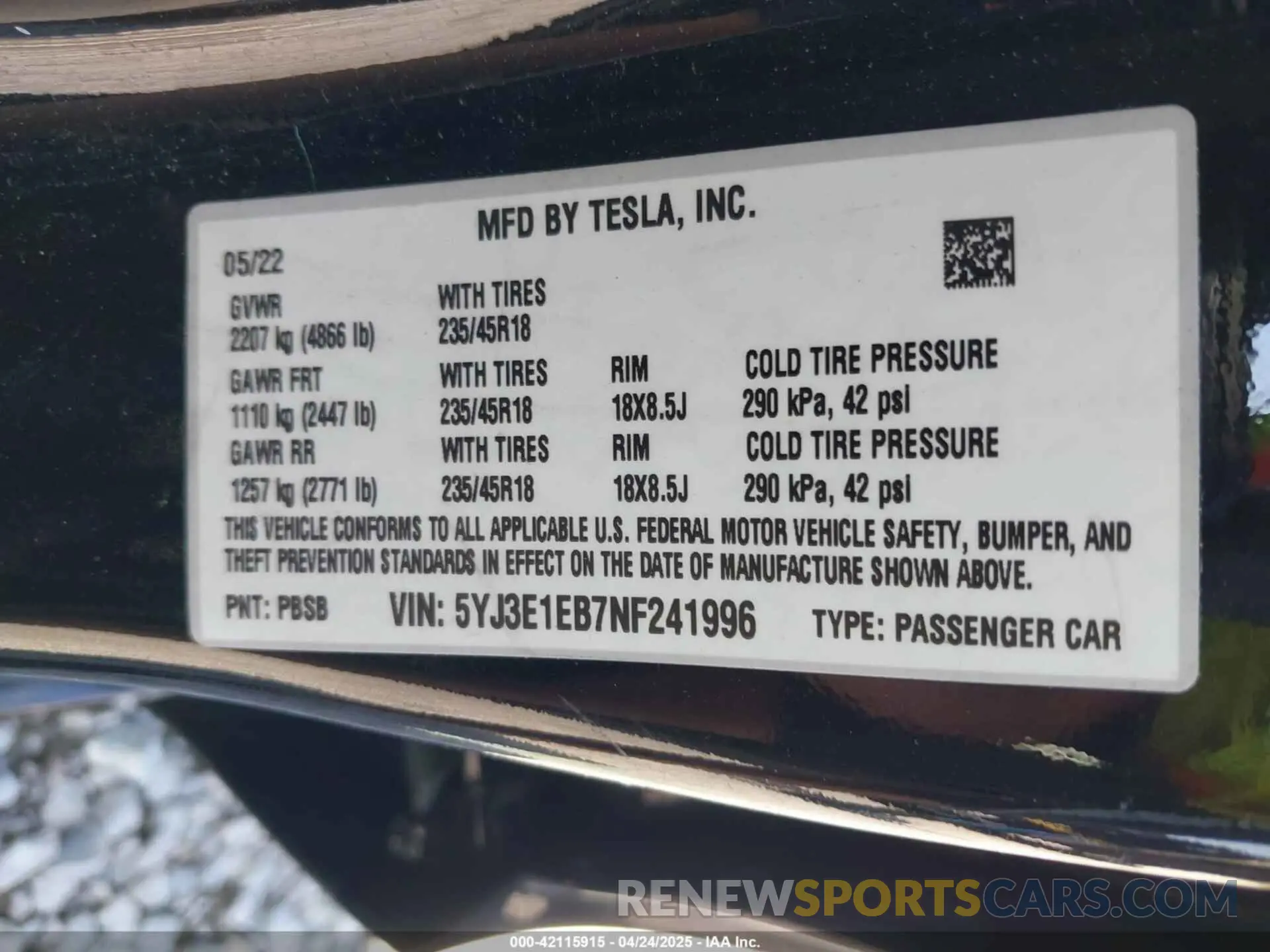 9 Фотография поврежденного автомобиля 5YJ3E1EB7NF241996 TESLA MODEL 3 2022