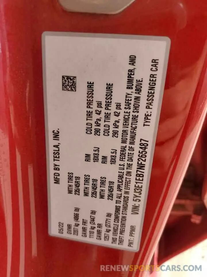 13 Photograph of a damaged car 5YJ3E1EB7NF265487 TESLA MODEL 3 2022