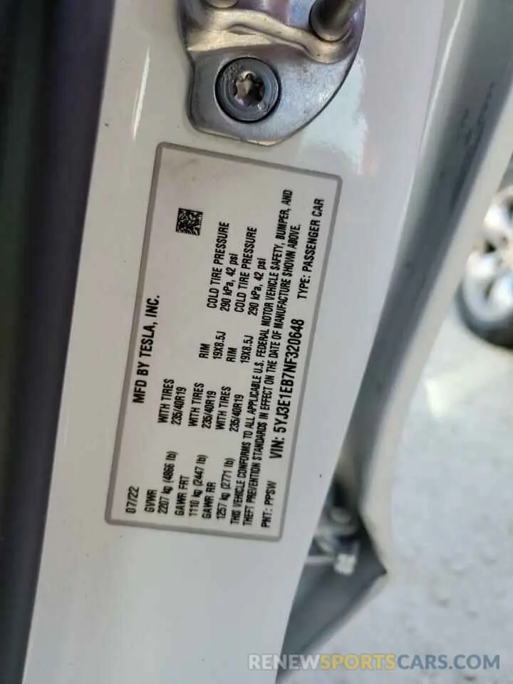 13 Фотография поврежденного автомобиля 5YJ3E1EB7NF320648 TESLA MODEL 3 2022
