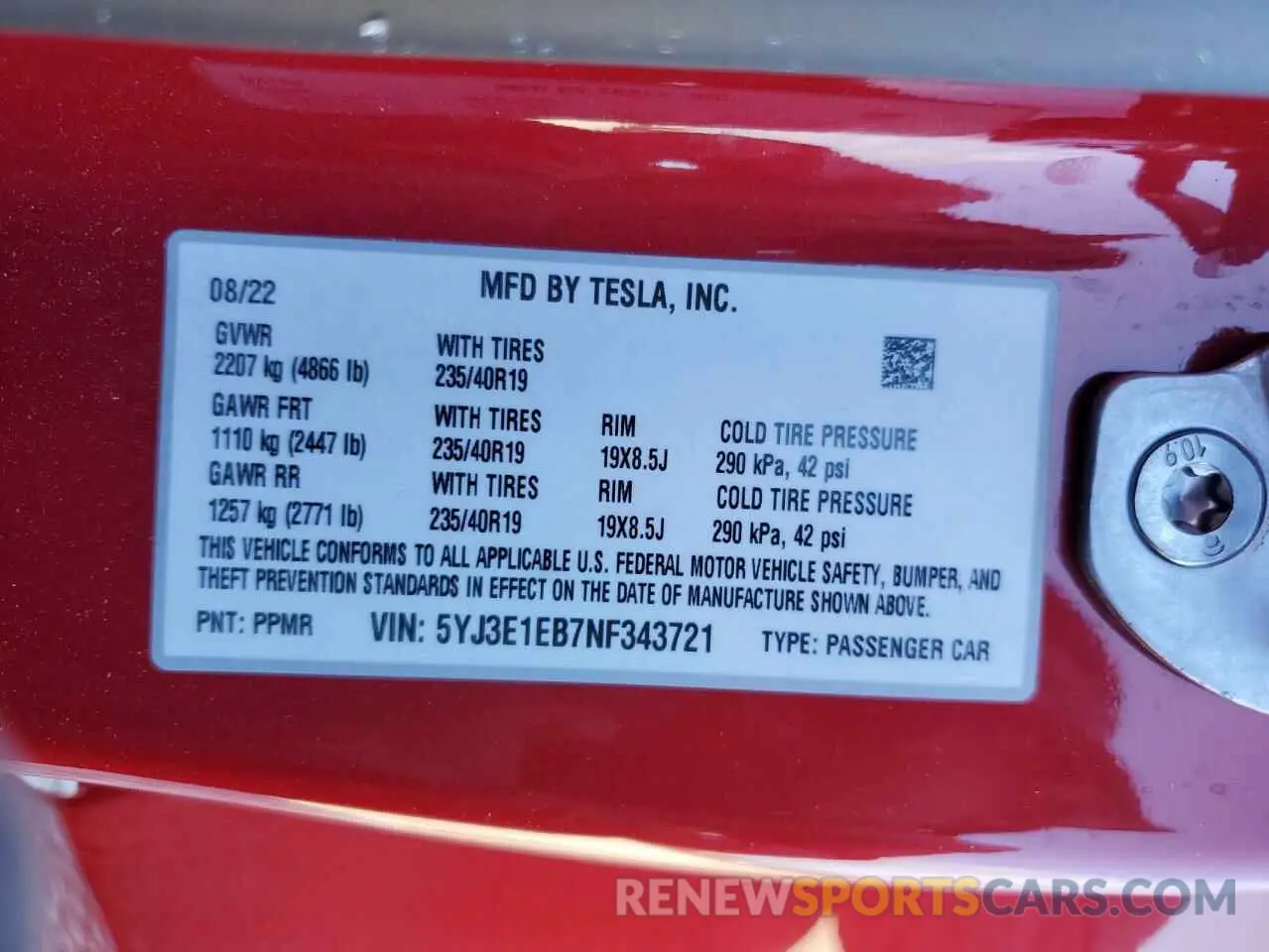 13 Photograph of a damaged car 5YJ3E1EB7NF343721 TESLA MODEL 3 2022