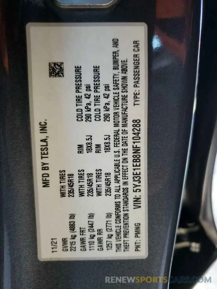 13 Photograph of a damaged car 5YJ3E1EB8NF104288 TESLA MODEL 3 2022