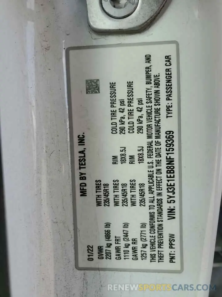 13 Photograph of a damaged car 5YJ3E1EB8NF159369 TESLA MODEL 3 2022