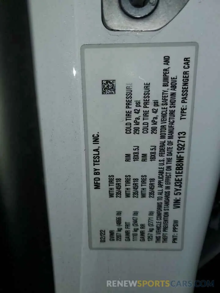 12 Фотография поврежденного автомобиля 5YJ3E1EB8NF192713 TESLA MODEL 3 2022