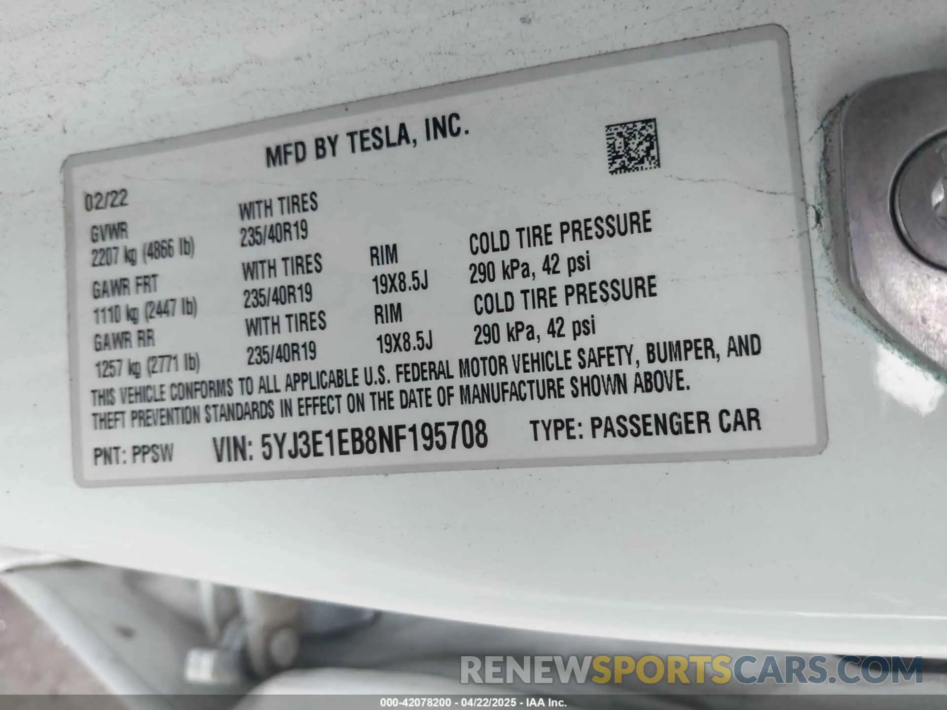 9 Фотография поврежденного автомобиля 5YJ3E1EB8NF195708 TESLA MODEL 3 2022