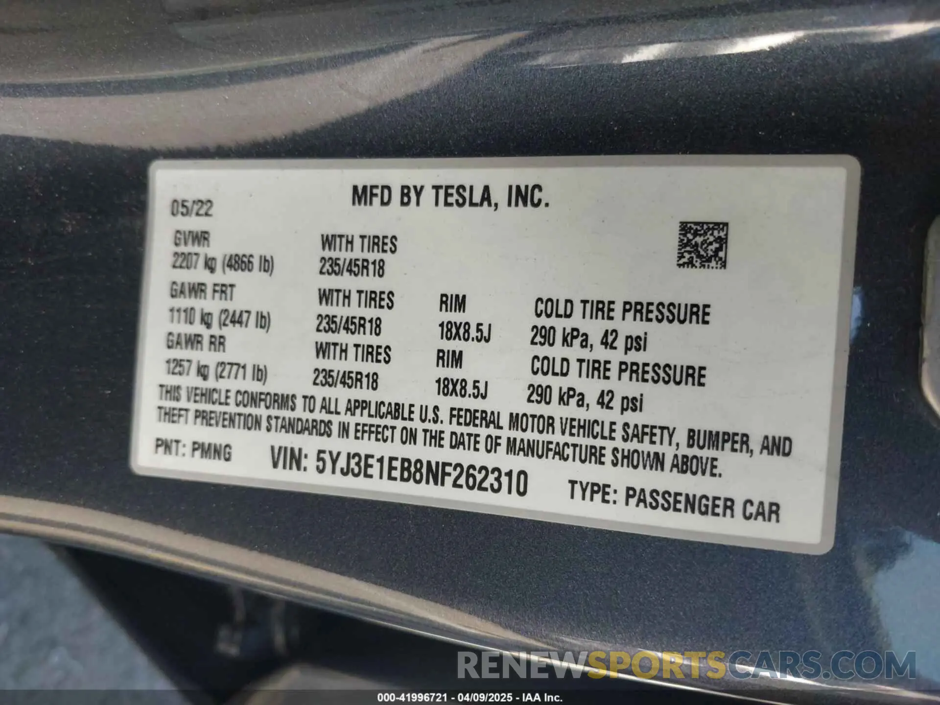 9 Фотография поврежденного автомобиля 5YJ3E1EB8NF262310 TESLA MODEL 3 2022