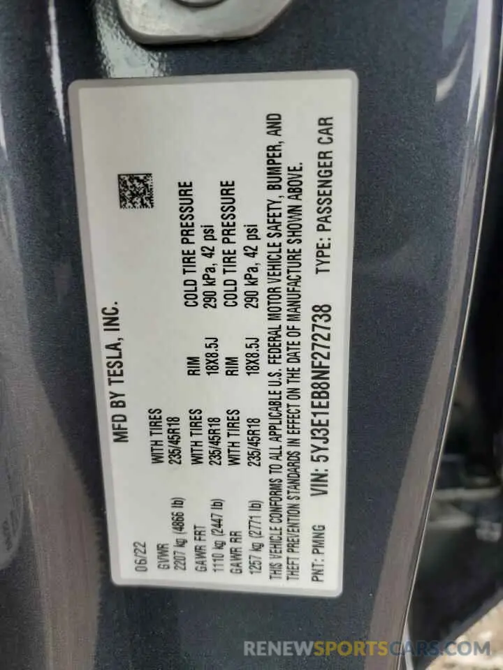 13 Photograph of a damaged car 5YJ3E1EB8NF272738 TESLA MODEL 3 2022