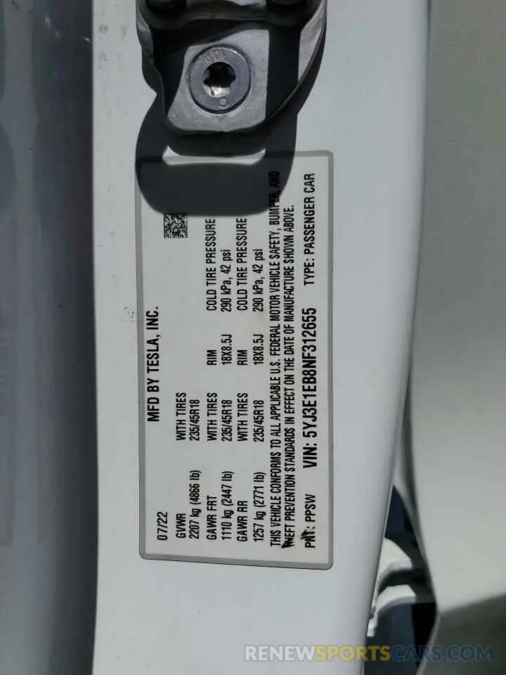12 Photograph of a damaged car 5YJ3E1EB8NF312655 TESLA MODEL 3 2022
