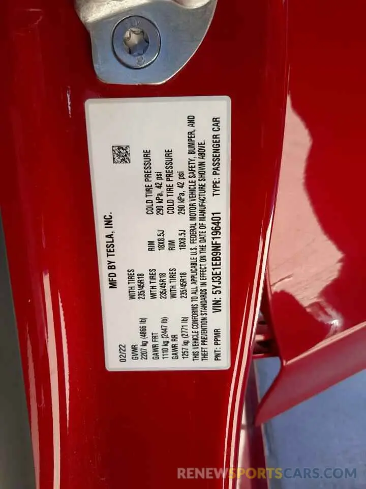 13 Photograph of a damaged car 5YJ3E1EB9NF196401 TESLA MODEL 3 2022