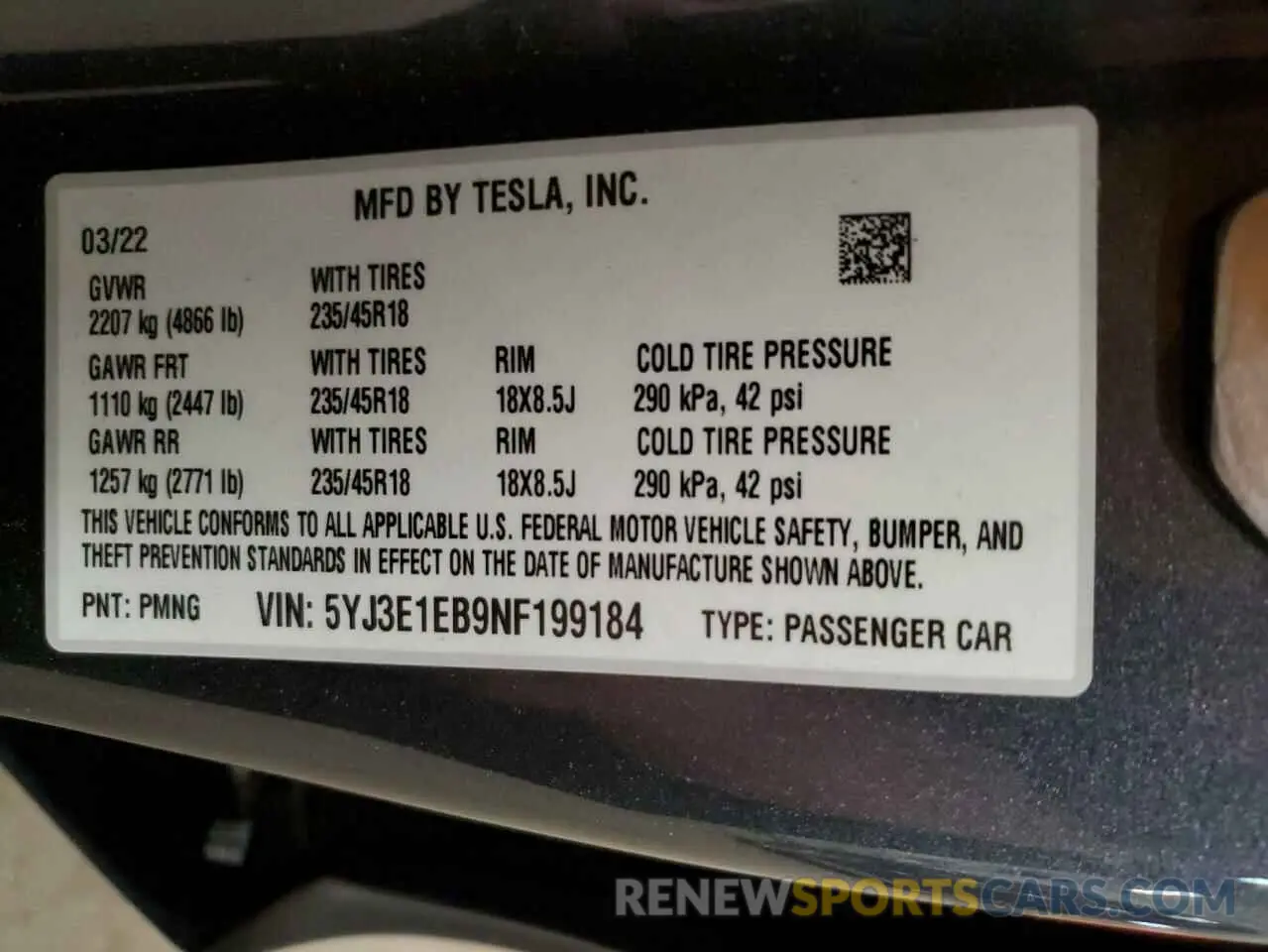 15 Фотография поврежденного автомобиля 5YJ3E1EB9NF199184 TESLA MODEL 3 2022