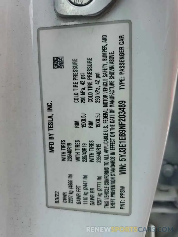 12 Фотография поврежденного автомобиля 5YJ3E1EB9NF203489 TESLA MODEL 3 2022