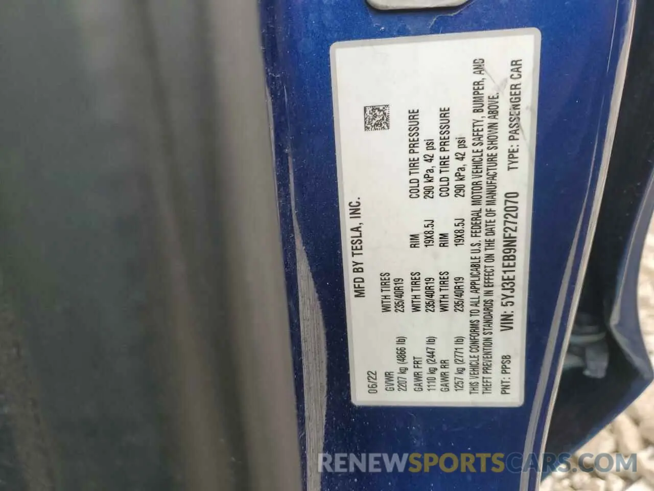 15 Photograph of a damaged car 5YJ3E1EB9NF272070 TESLA MODEL 3 2022