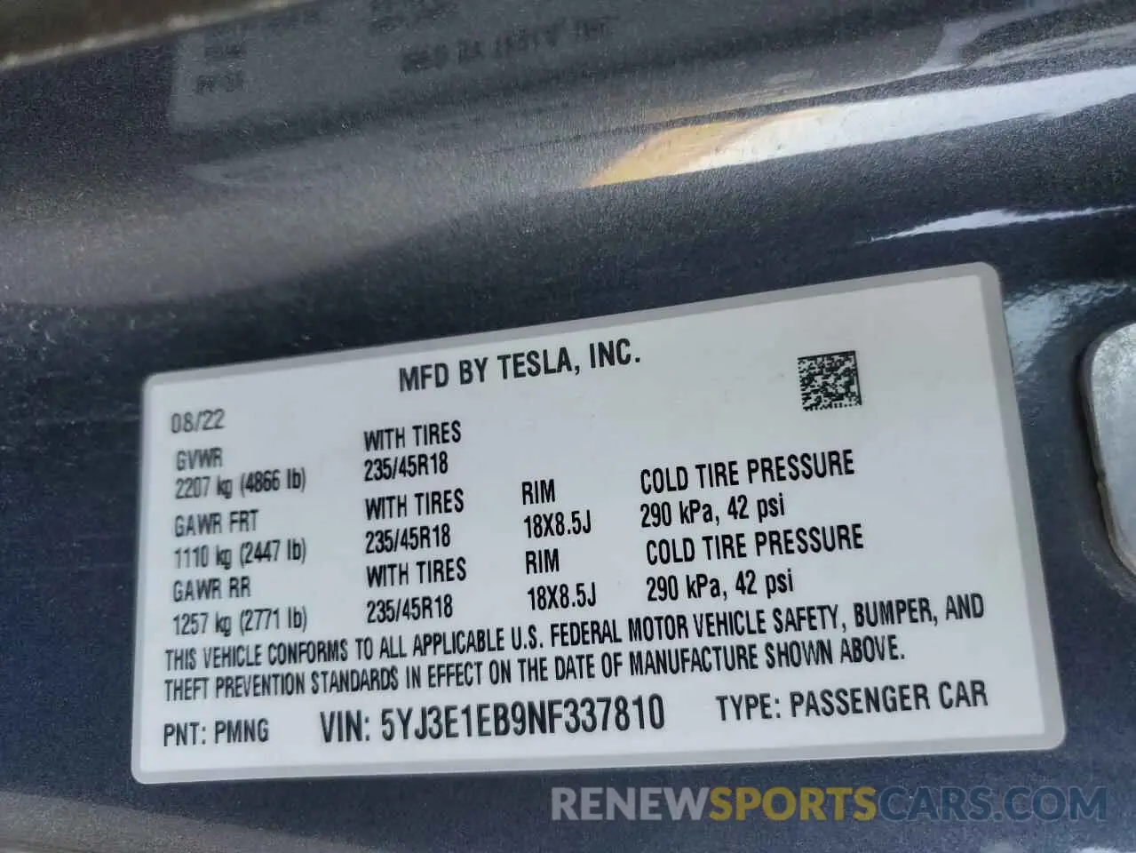 12 Photograph of a damaged car 5YJ3E1EB9NF337810 TESLA MODEL 3 2022