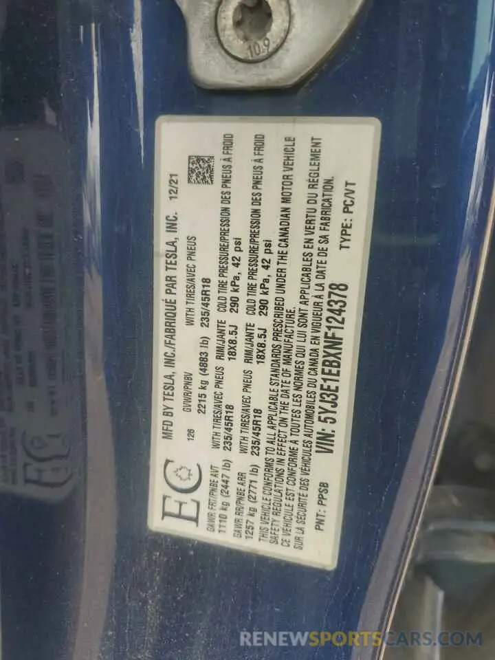13 Photograph of a damaged car 5YJ3E1EBXNF124378 TESLA MODEL 3 2022