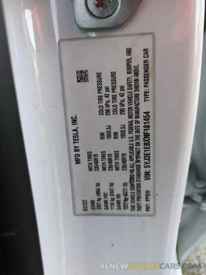 14 Фотография поврежденного автомобиля 5YJ3E1EBXNF181454 TESLA MODEL 3 2022
