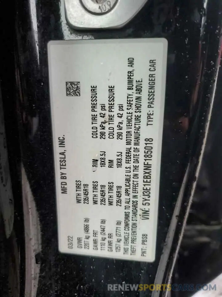 12 Фотография поврежденного автомобиля 5YJ3E1EBXNF185018 TESLA MODEL 3 2022