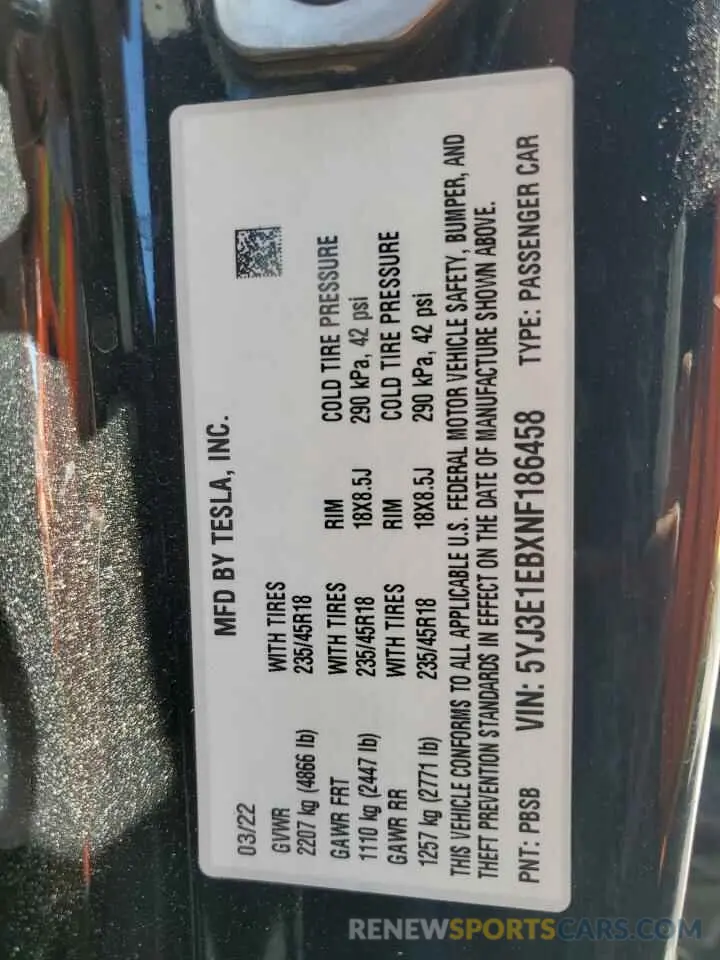 13 Photograph of a damaged car 5YJ3E1EBXNF186458 TESLA MODEL 3 2022