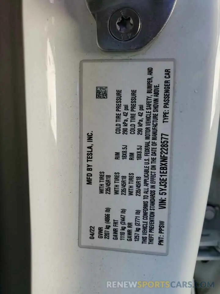13 Photograph of a damaged car 5YJ3E1EBXNF228577 TESLA MODEL 3 2022