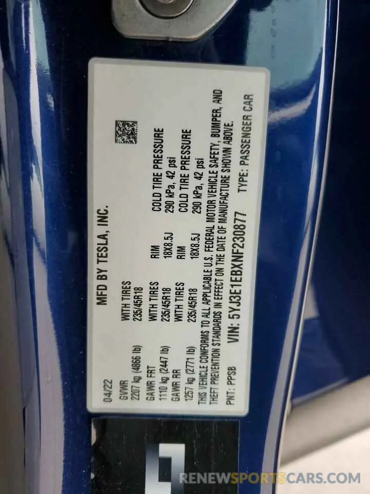14 Photograph of a damaged car 5YJ3E1EBXNF230877 TESLA MODEL 3 2022